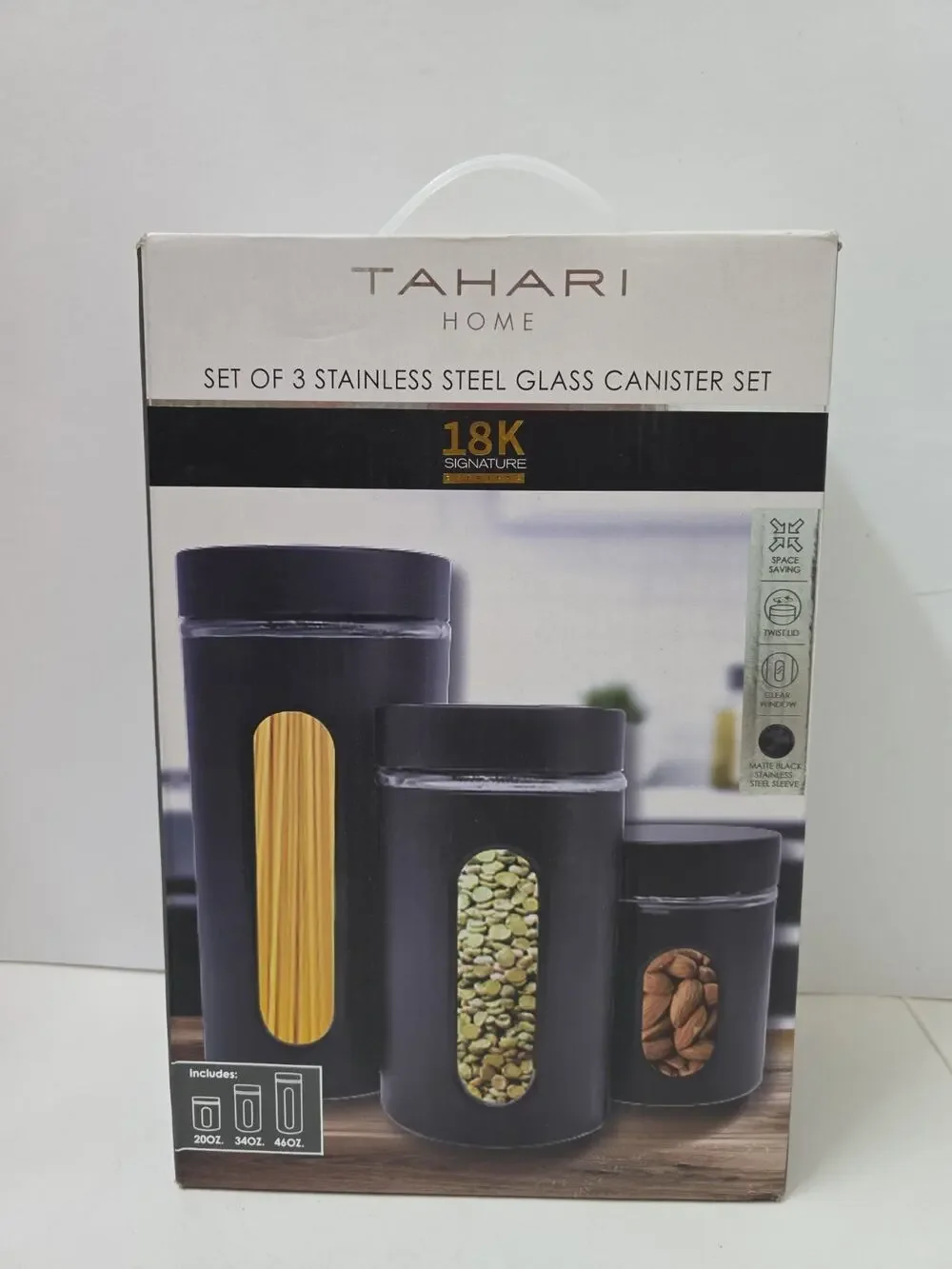 Tahari Home 18K Signature 3-Pc Glass Canister Set Matte Black NEW